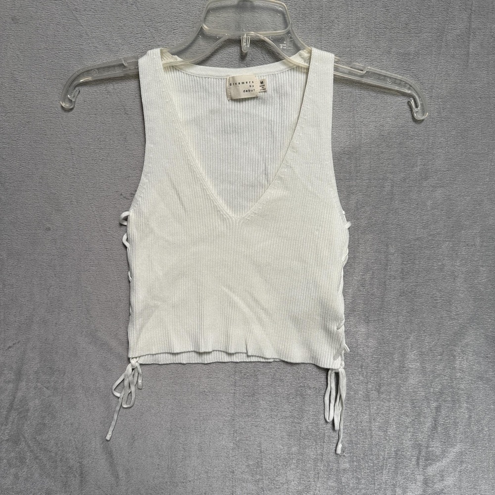 Dreamers By Debut Sweater Vest Womens Medium White‎ Ribbed Knit Lace Up Side